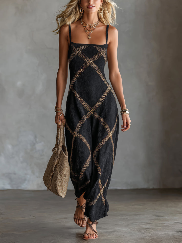 Valentina | Noir Camel Geometric Maxi Dress