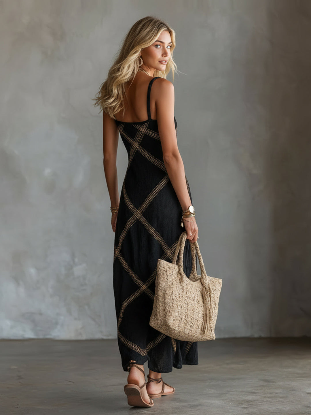Valentina | Noir Camel Geometric Maxi Dress