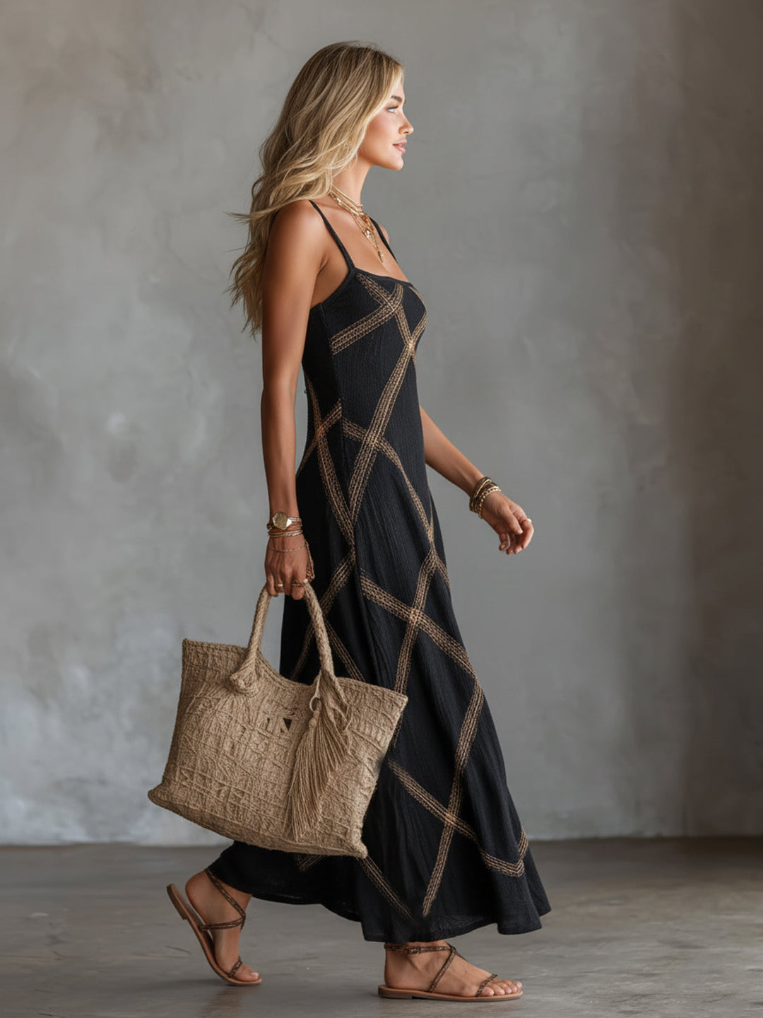 Valentina | Noir Camel Geometric Maxi Dress